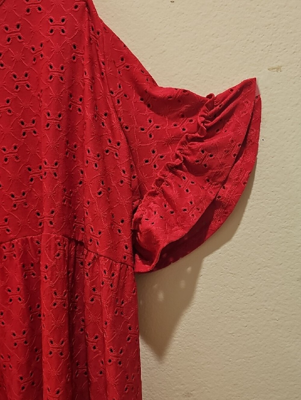 Women’s Red Eyelet Ruffle Hem Blouse - Picture 2 of 4